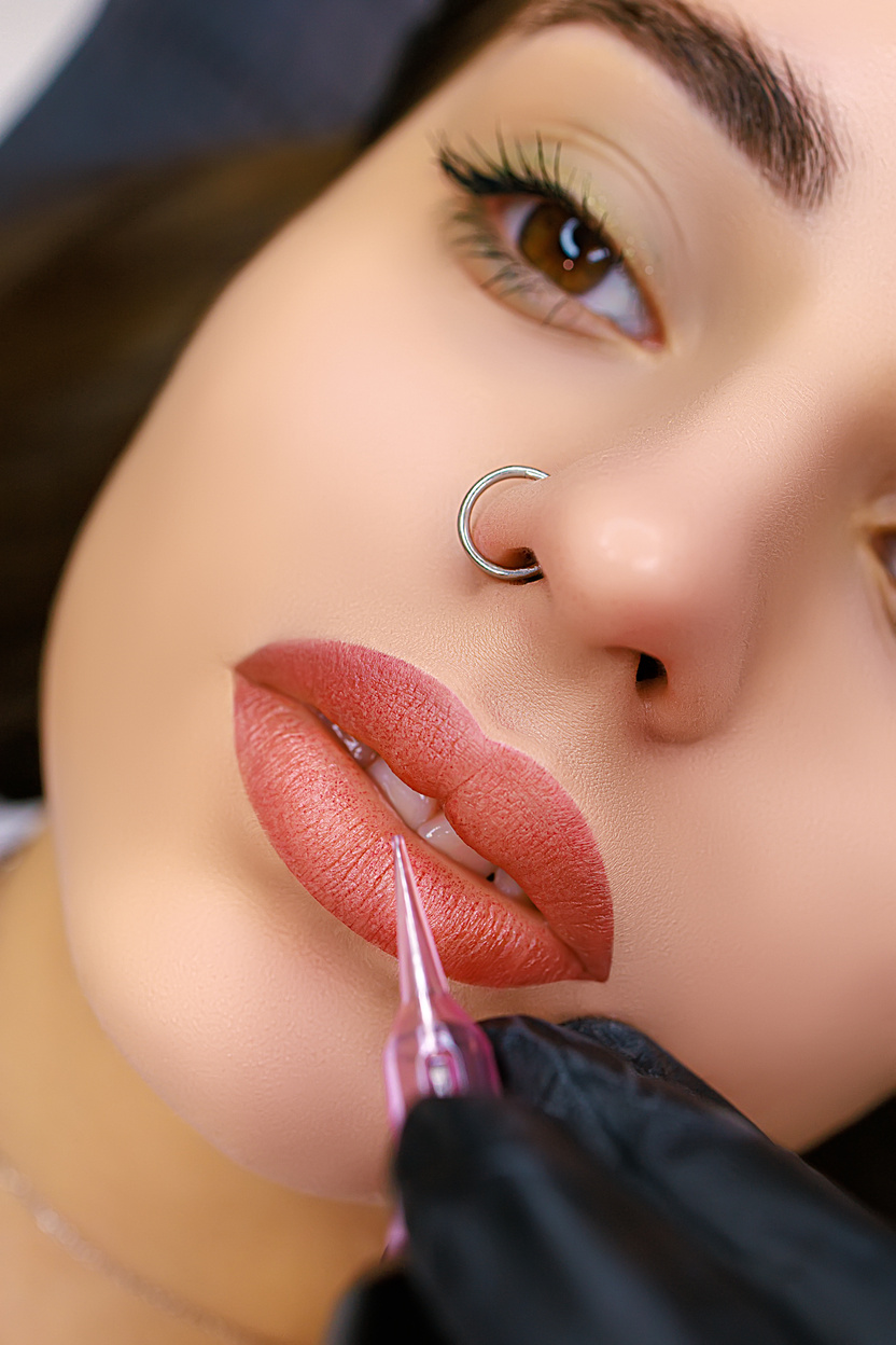 Close-up model's lips performed with permanent lip makeup. Lip t